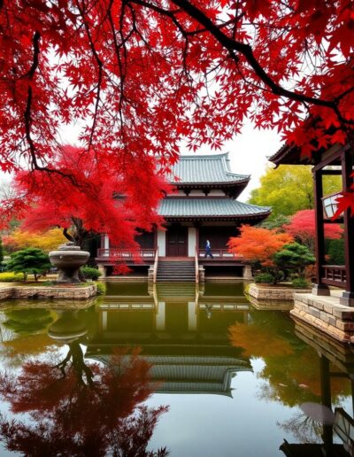 Japanese temple with red maple trees reflected in pond — Elias Thorne Photography