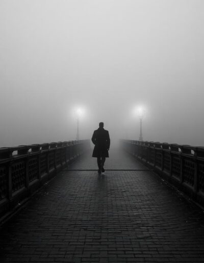 Lone figure walking on misty bridge in fog — Elias Thorne Photography