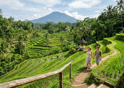 Couple walking through Tegalalang rice terraces with Mount Agung in background Bali — Elias Thorne Photography