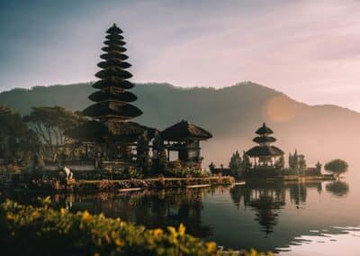 Ulun Danu Beratan temple reflected in misty lake at sunrise Bali — Elias Thorne Photography