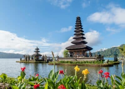 Ulun Danu Beratan temple with colorful tropical flowers Bali Indonesia — Elias Thorne Photography