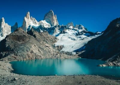 Fitz Roy mountain peaks and turquoise glacial lake in Patagonia Argentina