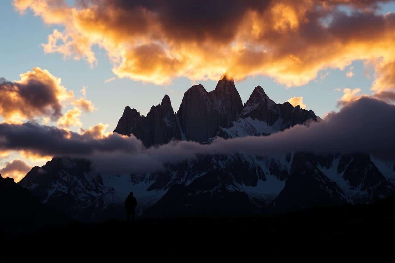 Dramatic golden sunset over Fitz Roy mountain peaks with clouds — Elias Thorne Photography